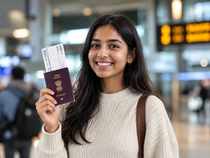 Student holding passport and boarding pass at the airport