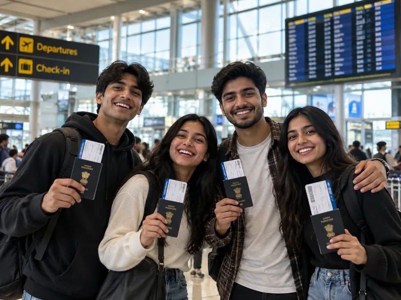 Group of students celebrating with passports
