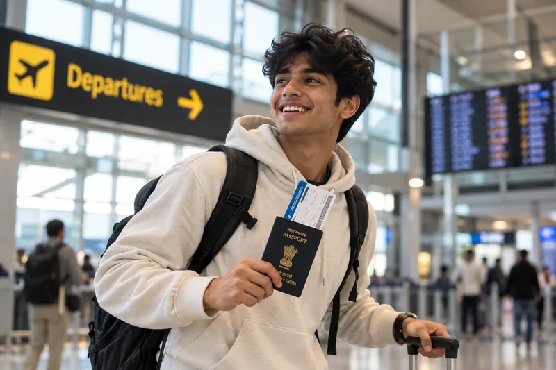 Student with backpack heading to departures