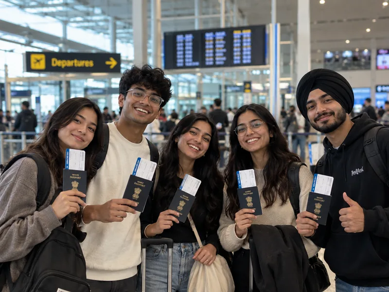 Friends holding passports at departures