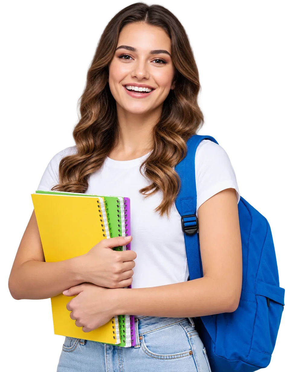 Smiling student with backpack and notebooks